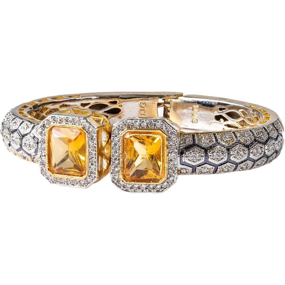 Women's Topaz 18k Gold Plated Cuff Intricate Hexagonal Design Stunning Bangle - Picture 1 of 9